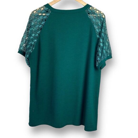 Boutique Women's XL Open Knit Lace Sleeve V-Neck Tee Forest Green Elevated Basic - Picture 2 of 8
